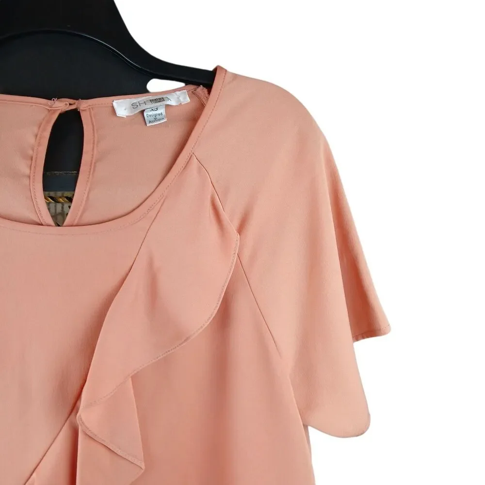 Shilla Womens Play Short Sleeve Round Neck Ruffle Blouse Orange Size XS/S Peach